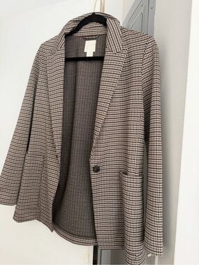 H&M Brown and Black Houndstooth Single-Button Blazer